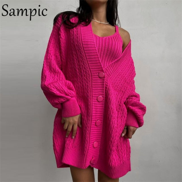 Sampic Cardigans Dress Women 2021 Winter Oversized V Neck Knitted Long Sleeve Cardigans Tops Casual Sexy Club Sweater Outwear.