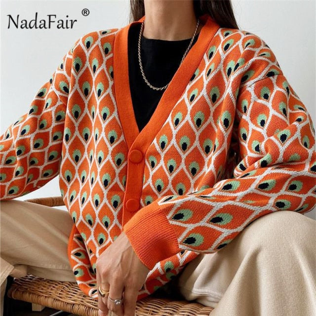 Nadafair Milti Patterned Cardigan Women Fashion Plus Size Winter Sweater Autumn Loose Casual Oversized Knitwear Cardigan Muje.