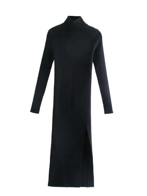 Women's Long Sleeves High-Neck Elastic Midi Dress