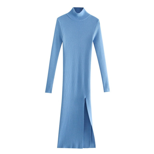 Women's Long Sleeves High-Neck Elastic Midi Dress