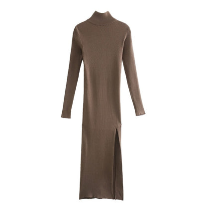 Women's Long Sleeves High-Neck Elastic Midi Dress