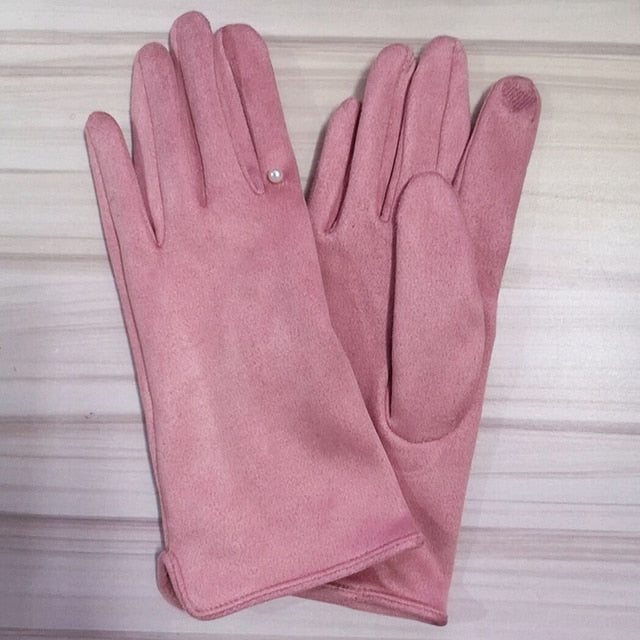 Women Winter Plus Velvet Thicken Warm Touch Screen Gloves Elegant Pearl Suede Windproof Full Finger Cycling Driving Gloves K43