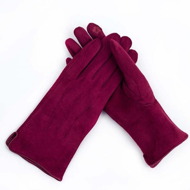 Women Winter Plus Velvet Thicken Warm Touch Screen Gloves Elegant Pearl Suede Windproof Full Finger Cycling Driving Gloves K43