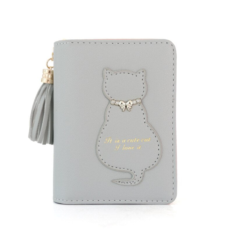 Summer Cute Cat Pattern Short Two Fold Wallet Girl Sweet Popular Tassel Hasp Women Purse Portable Daily Shopper Coin Bag B182.