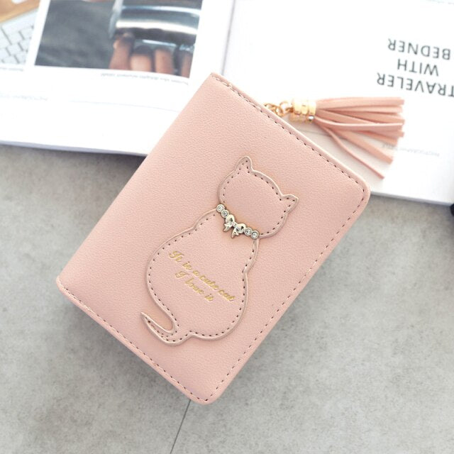 Summer Cute Cat Pattern Short Two Fold Wallet Girl Sweet Popular Tassel Hasp Women Purse Portable Daily Shopper Coin Bag B182.