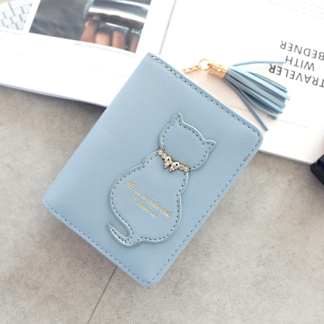 Summer Cute Cat Pattern Short Two Fold Wallet Girl Sweet Popular Tassel Hasp Women Purse Portable Daily Shopper Coin Bag B182.