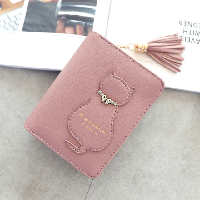 Summer Cute Cat Pattern Short Two Fold Wallet Girl Sweet Popular Tassel Hasp Women Purse Portable Daily Shopper Coin Bag B182.