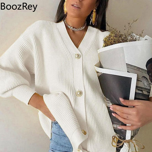 BoozRey White Knitted Sweater Cardigan for women V-neck Long Sleeve Casual Fashion Single-breasted Jacket Cardigans y2k clothes.