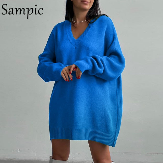 Sampic Cardigans Dress Women 2021 Winter Oversized V Neck Knitted Long Sleeve Cardigans Tops Casual Sexy Club Sweater Outwear.