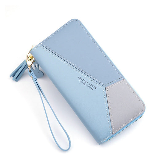 2022 NEW Geometric Patchwork PU Leather Women Long Zipper Wrist Purses Tassel Design Clutch Forever Young Wallet Female Card.