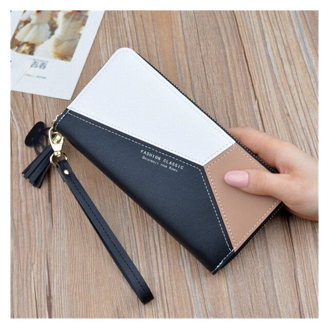 2022 NEW Geometric Patchwork PU Leather Women Long Zipper Wrist Purses Tassel Design Clutch Forever Young Wallet Female Card.