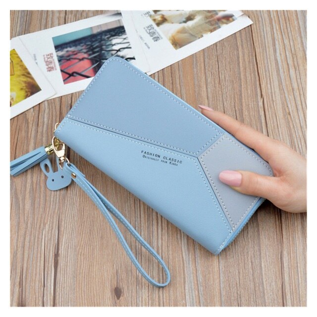 2022 NEW Geometric Patchwork PU Leather Women Long Zipper Wrist Purses Tassel Design Clutch Forever Young Wallet Female Card.