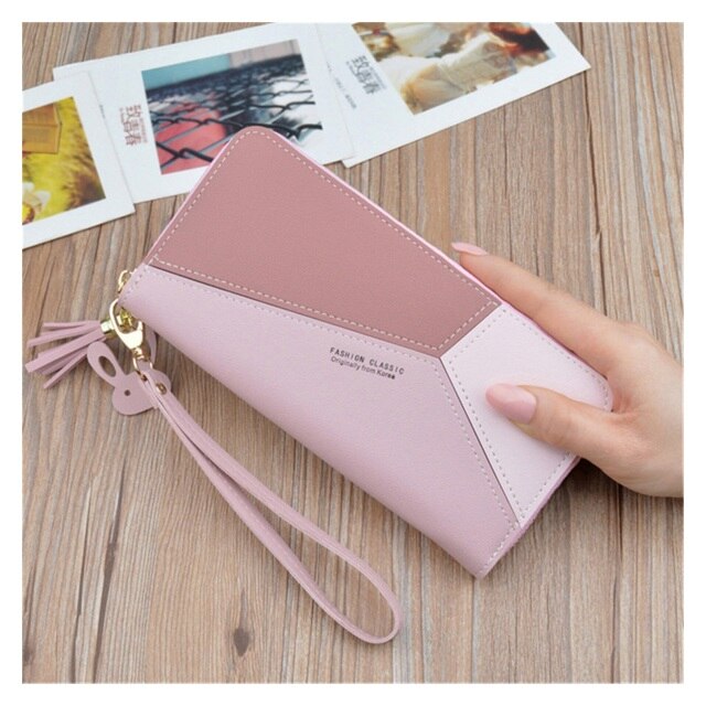 2022 NEW Geometric Patchwork PU Leather Women Long Zipper Wrist Purses Tassel Design Clutch Forever Young Wallet Female Card.