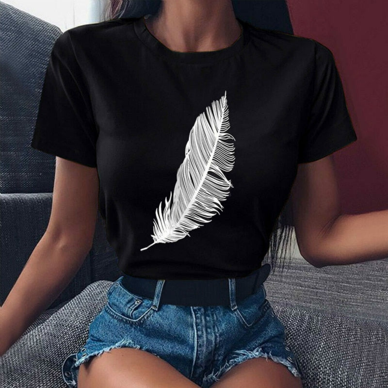 Women’s Casual Feather Print T-Shirt