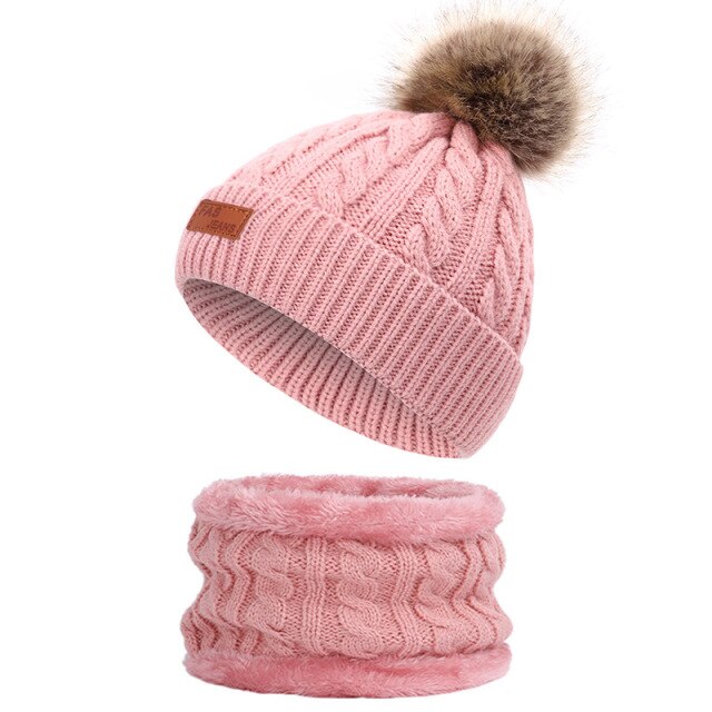 Warm Beanies Hat For Girl Ring Scarf Pompoms Winter Hats Knitted Caps Scarf 2 sets Pieces Fashion Hat Scarf For child kids